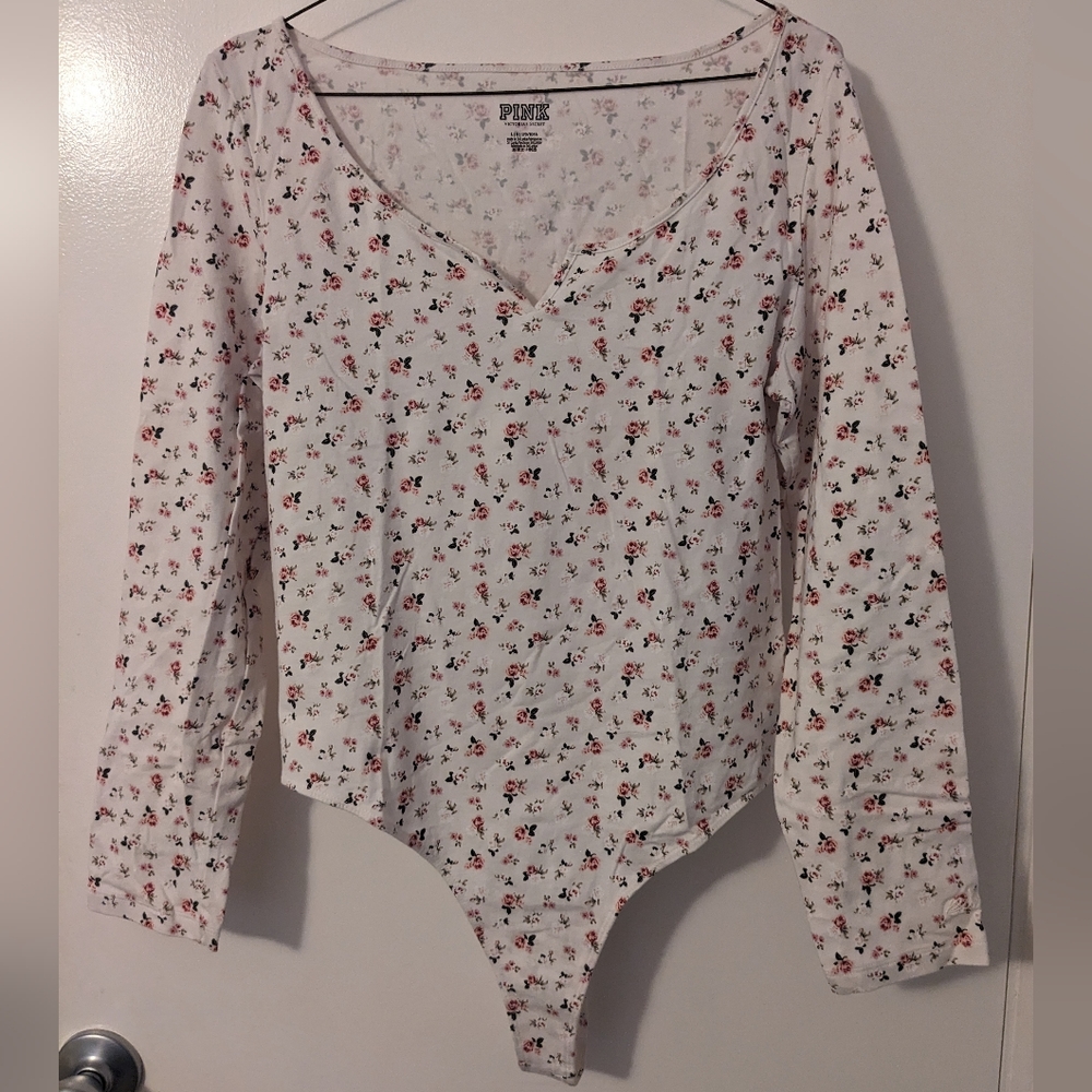 Floral Print White Long Sleeve Thong Bodysuit by PINK in size Large.
